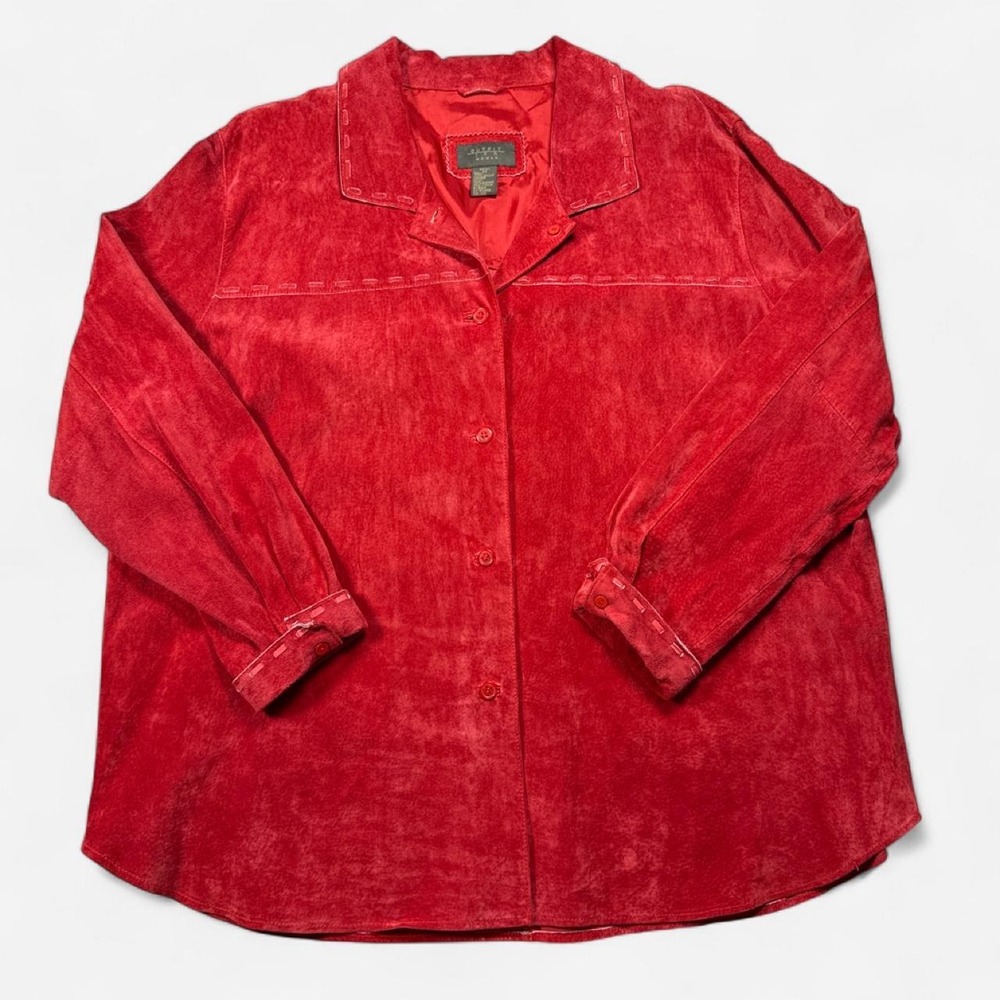 Vintage Outfit JPR red genuine suede leather western button-up shirt, women's 2X